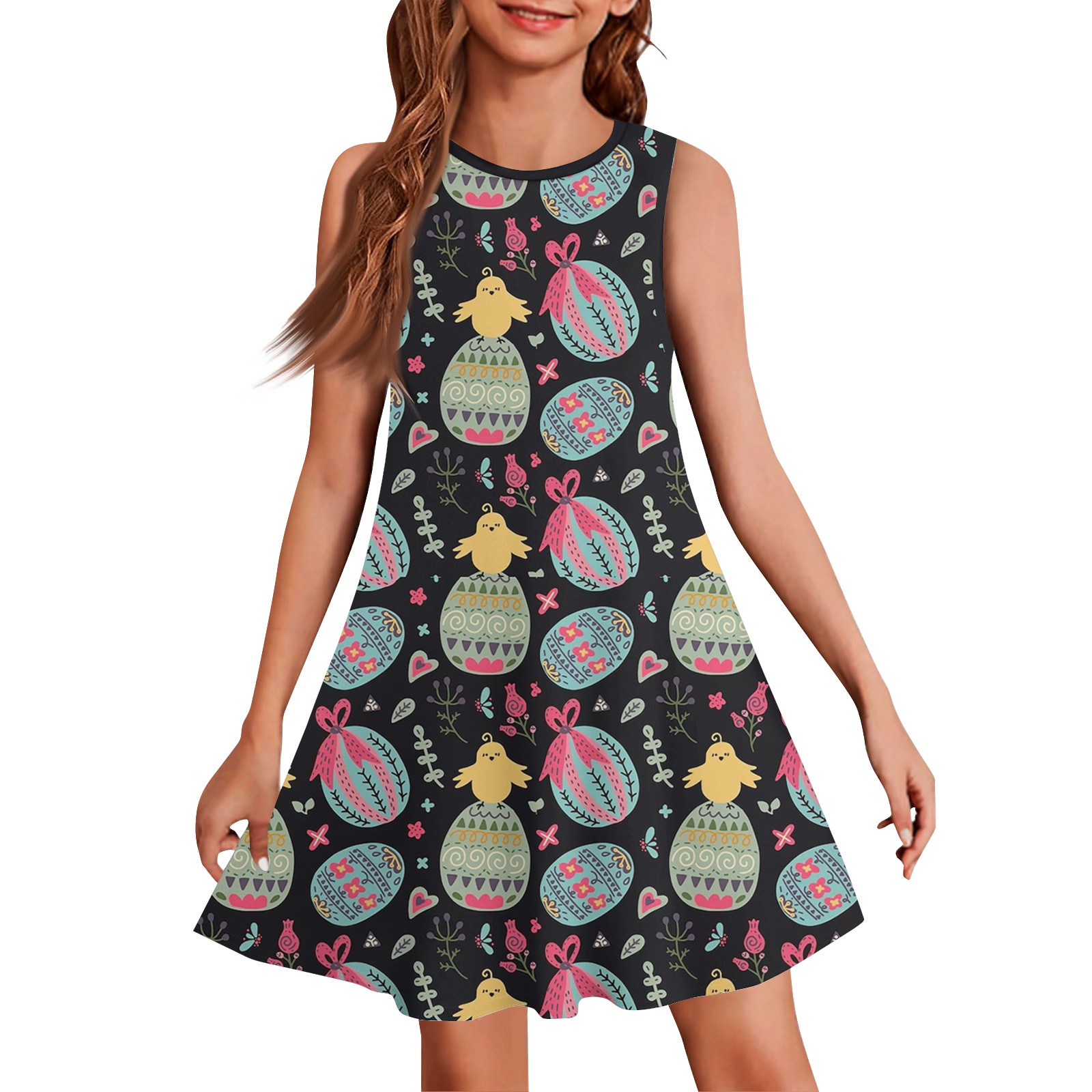 LTTVQM Easter Dresses Girls Size 5-6 Happy Bunny Egg Graphic Sleeveless Midi Dress Soft Round Neck Tank Dress Fashion Sundresses Black 5-6
